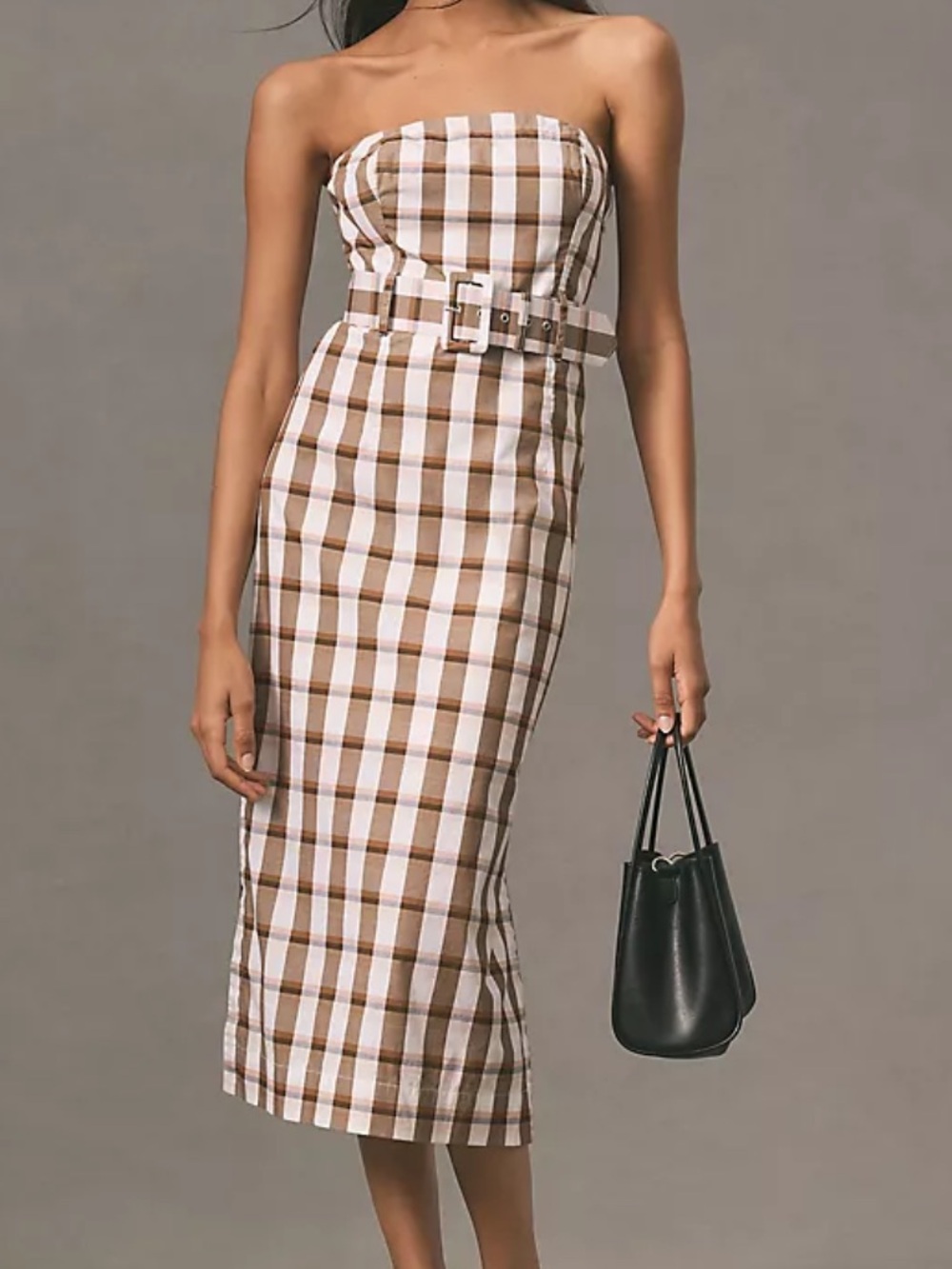 Maeve Belted Square-Neck Plaid Dress Brown & White Medium